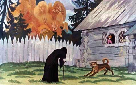 Сказка о мертвой царевне и о семи богатырях. Видит: нищая черница