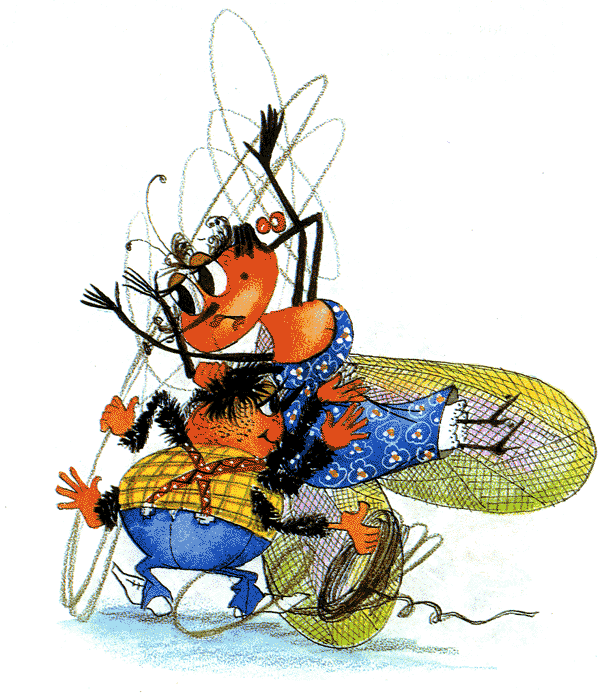 Муха-Цокотуха. Руки-ноги он Мухе верёвками крутит