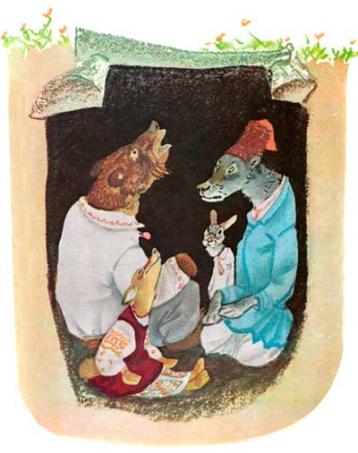 Медведь, волк, лиса и заяц сидят в погребе