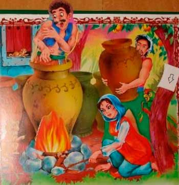 Али-Баба и сорок разбойников. Марджана кипятила масло на огне и обливала им разбойников