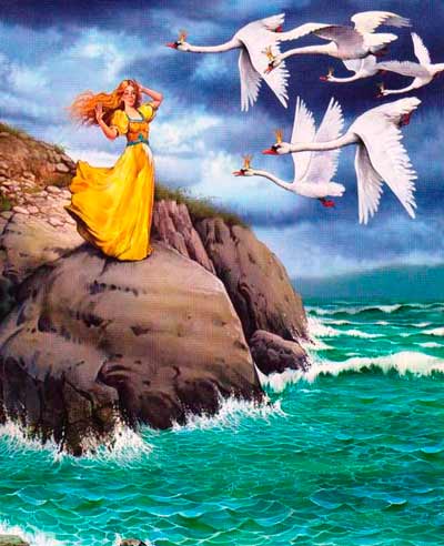 Элиза увидала вереницу летевших к берегу диких лебедей в золотых коронах