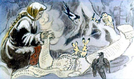 Русская народная сказка. Морозко. Девушка за работу принялась.