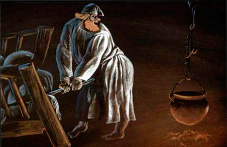 Гримм. Храбрый портной. Ночью великан проснулся, взял железный лом и ударил размаху по кровати