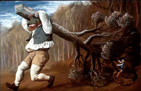 Гримм. Храбрый портной. Великан понёс ствол, а портной сел на ветку верхом.