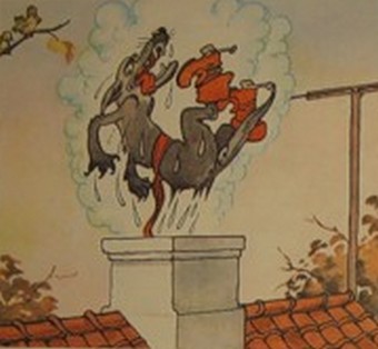 Три поросенка. С громким ревом волк вылетел через труб