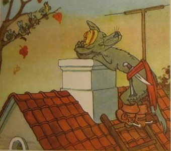 Три поросенка. Волк осторожно забрался на крышу дома и прислушался