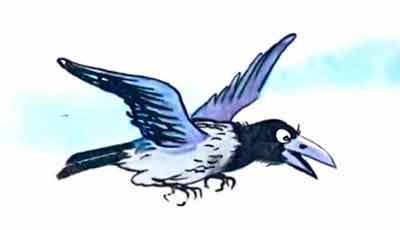 Ворона перелетела с ёлки на яблоню и сорвала яблоко.