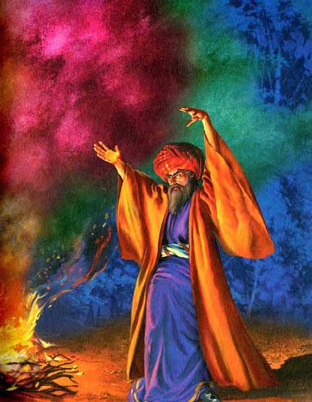 Принялся читать над огнём заклинания. 