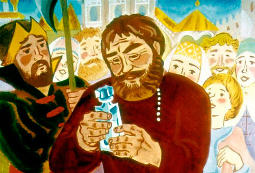 Старик радуется, в землю кланяется, домой везет скляницу с живой водой. 