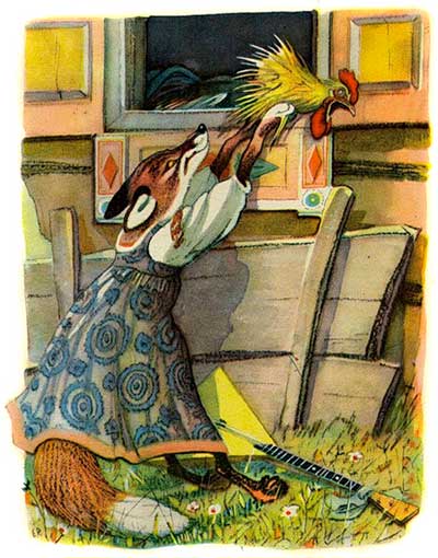 Петушок — золотой гребешок. Лиса схватила его в когти