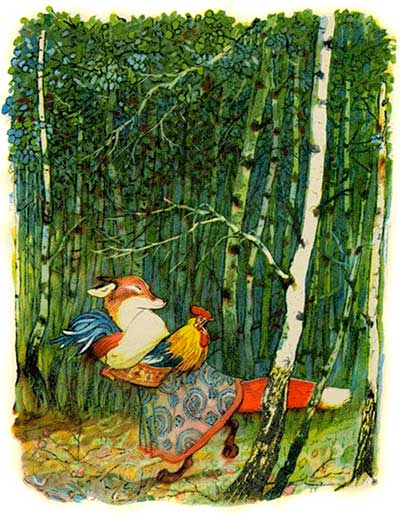 Петушок — золотой гребешок. Лиса понесла в свою нору