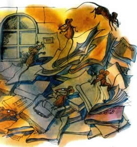 Приключения Чиполлино. Каждый день Вишенка исписывал несколько тетрадей и их накопилась их целая гора.