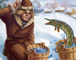 По щучьему веленью. Щука говорит ему человечьим голосом