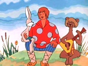 Сказка о попе и работнике его Балде. Держит Балда за уши одного зайку