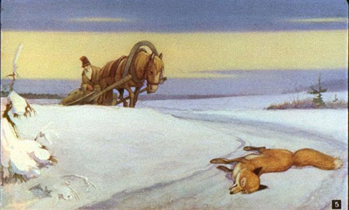 Лисичка, лежит на дороге. 