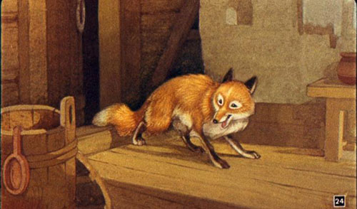 А лисичка забралась в избу, где жила эта баба