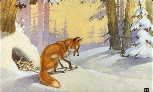 А лисица тем временем собрала на дороге всю рыбу в кучку, села и ест. 