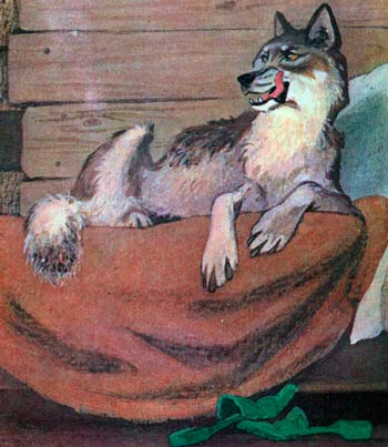 Красная шапочка. Волк нацепил бабушкин чепчик и улегся на кровать 