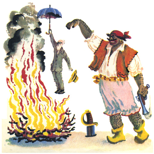 Бармалей. И в костёр Айболита бросает