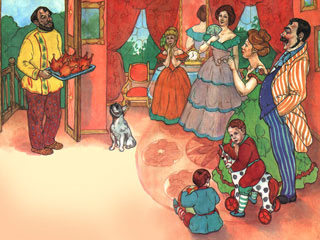 Зажарил он аж пять гусей и повёз их к барину. 