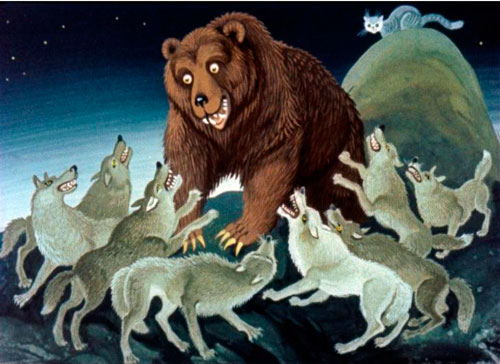 Обступили медведя и стали его задирать. 