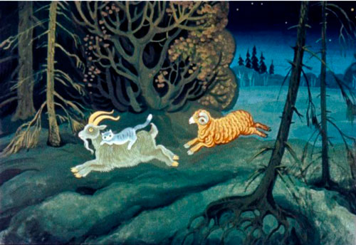 А козел да баран тем временем подхватили кота, побежали в лес 