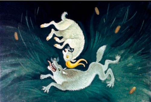 Козел сорвался и упал прямо рогами на волка. 