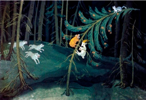 Кот вскарабкался на ель, а козел с бараном обхватились ногами сук и повисли.