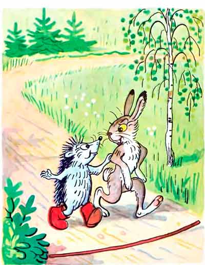 Шёл Ёжик домой. По дороге нагнал его Заяц, и пошли они вместе.