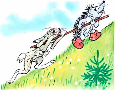 Ухватился Заяц за палку, и потащил его Ёжик в гору