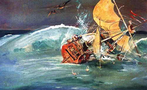 Корабль затрещал, накренился и стал тонуть. 