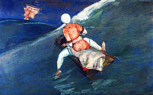 Сел на корыто верхом.