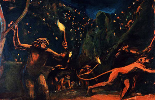 Обезьяны спускались с гор. 