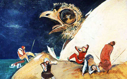 Из яйца показался огромный птенец. 