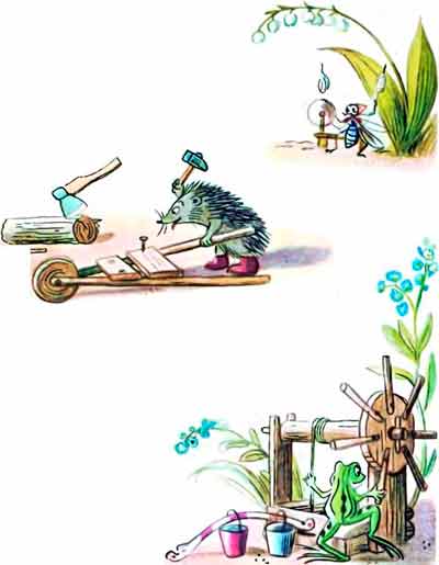 Ёжик догадался: к своему колесу две палки приладил — тачка вышла