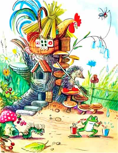 В теремке живут Мушка, Лягушка, ёжик да Петушок — Золотой гребешок