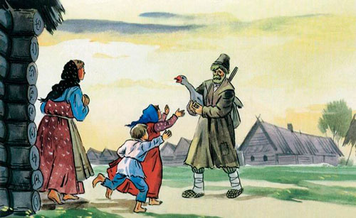 Теперь всегда сыты будем. И показывает им гуся. 