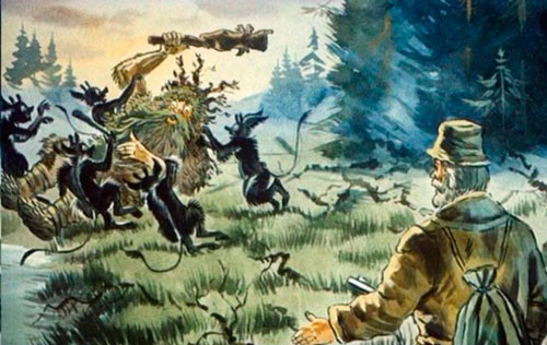 На берегу дерутся черти с лешим. 