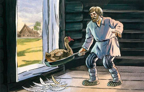 Гусь встряхнулся, перышки скинул и улегся на сковородку 