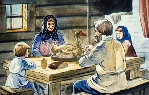 Уселись все за стол, стали гуся есть. 