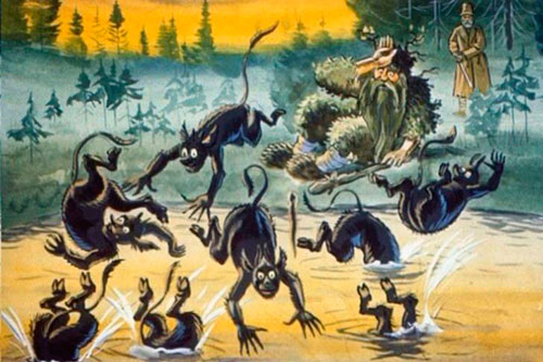 Черти испугались и все разом бултых в озеро. 