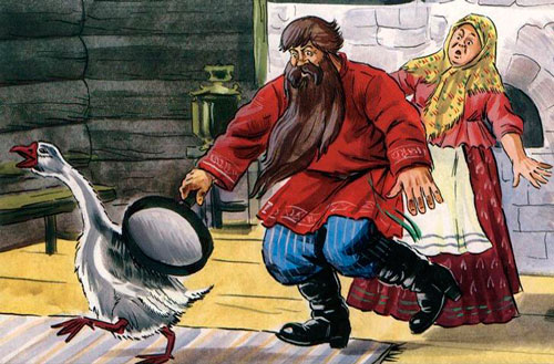 Осердился богач на гуся, да стук его сковородником. 